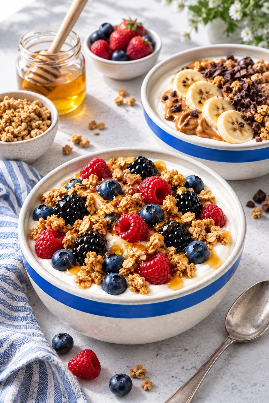 A bowl of Greek yoghurt topped with raspberries, blackberries, blueberries, granola and honey.