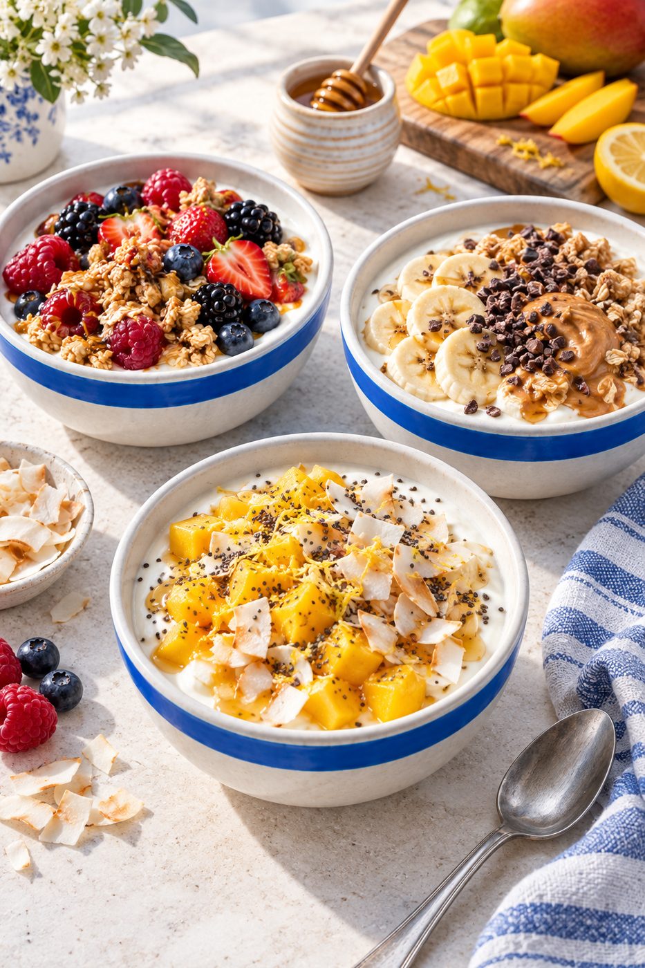 Mango, coconut and chia on Greek yoghurt.