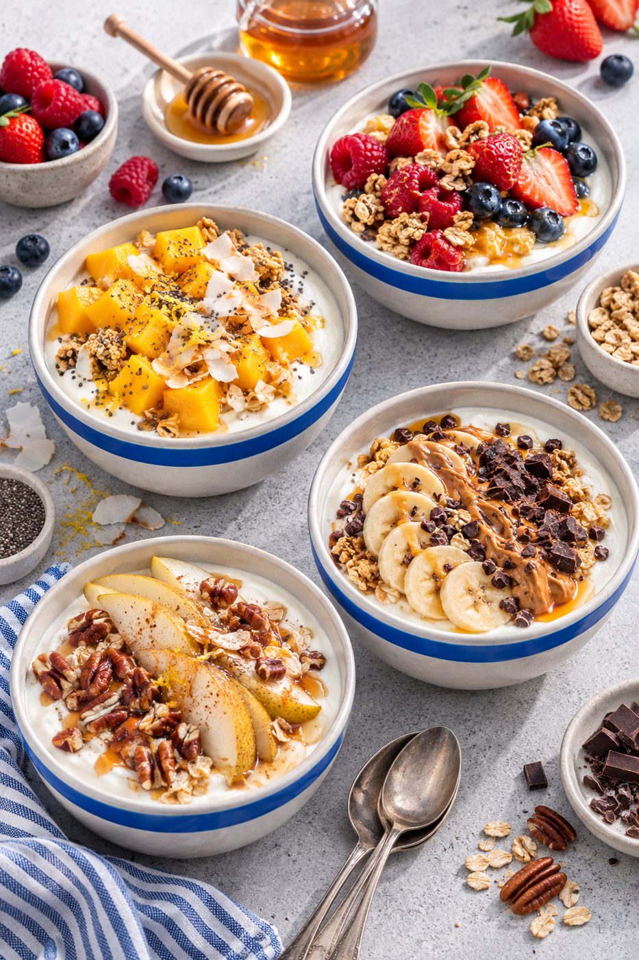 Four yoghurt bowls with different toppings.