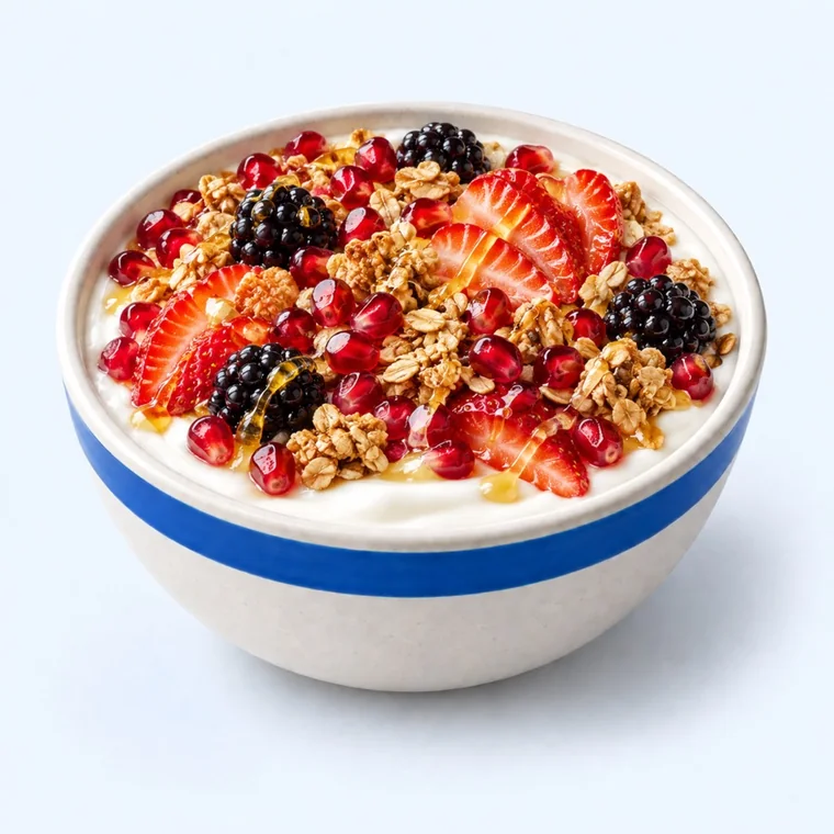 Pomegranate Crunch: Sharp seeds against sweet granola.