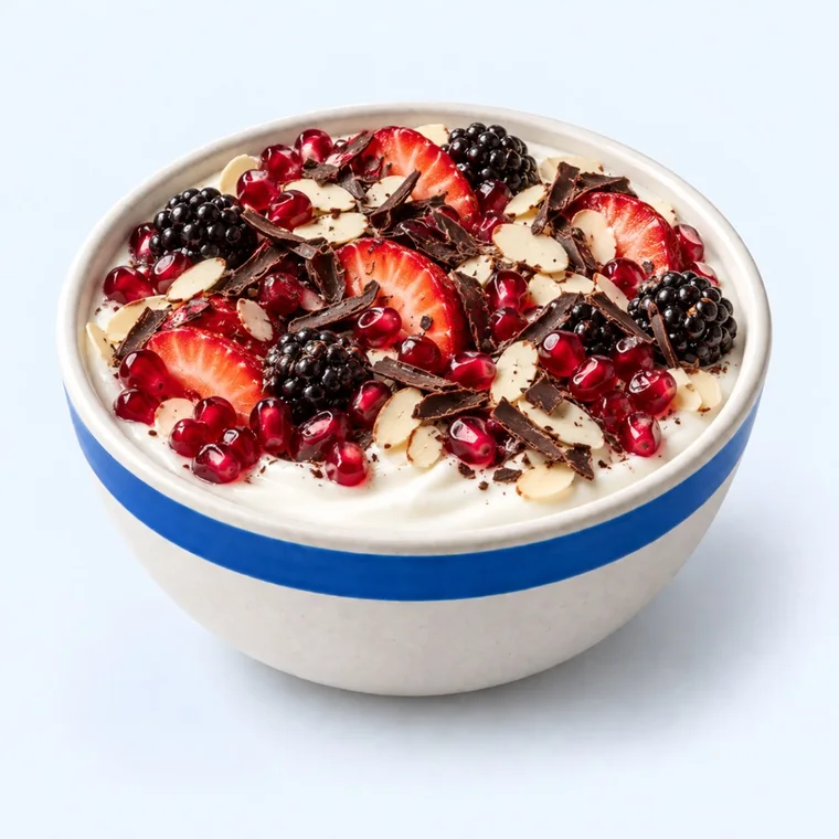 Pomegranate and Dark Chocolate: Sharp seeds, bitter chocolate, thick yogurt.